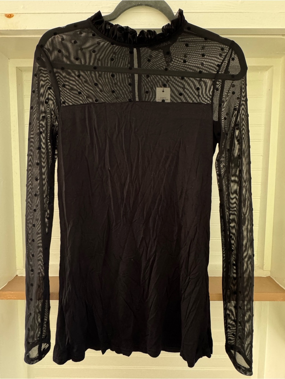 long tall sally Black Sheer Mesh Long-Sleeve Top with Ruffle Neck